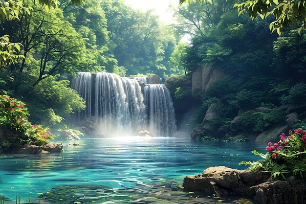 Tropisch landschap met rotsen en watervallen midden in het groen op een zonnige dag