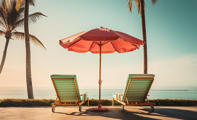 Tropisch landschap met strandstoelen en paraplu strand en zee op de achtergrond Generatieve AI