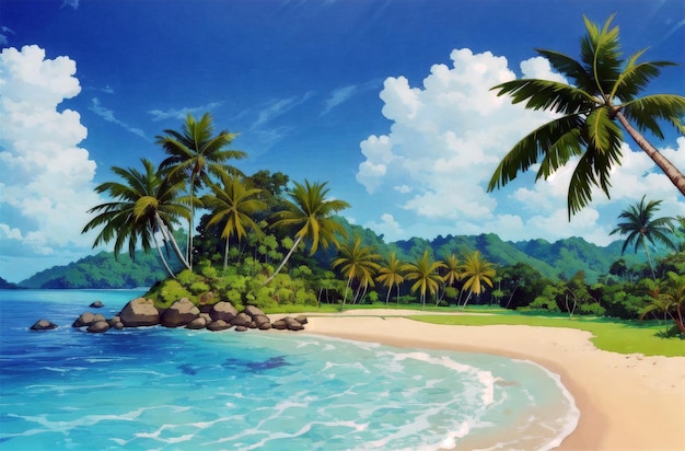 Tropisch landschap Tropisch eiland bij zonnig weer Palmbomen oceaan zandstrand Generatieve AI