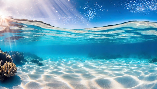 Tropisch onderwaterlandschap met zonnestralen en koraalriffen