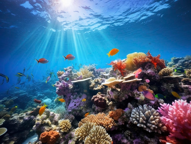 Tropisch onderwaterleven in het heldere en kleurrijke koraalriflandschap