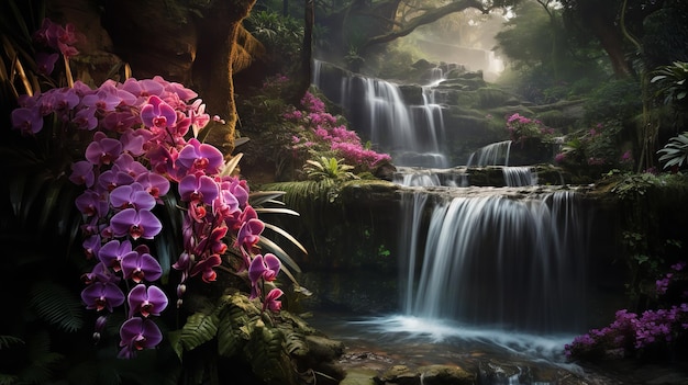 Tropisch orchideeveld en waterval AI gegenereerd