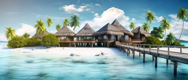 Tropisch paradijs Luxe panorama uitzicht op de Malediven resort op zeegebied achtergrond Bungalow villa's