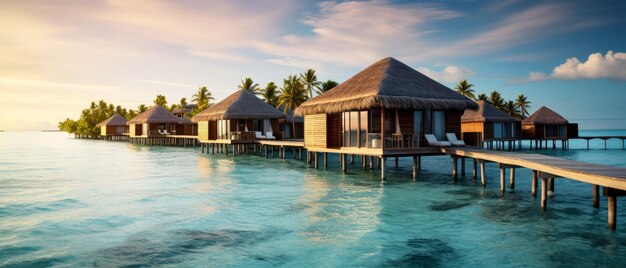 Tropisch paradijs Luxe panorama uitzicht op de Malediven resort op zeegebied achtergrond Bungalow villa's
