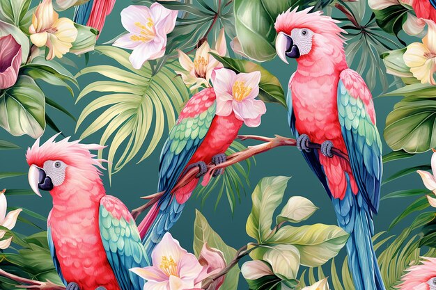 Tropisch paradijs naadloos bloemmotief met exotische vogels