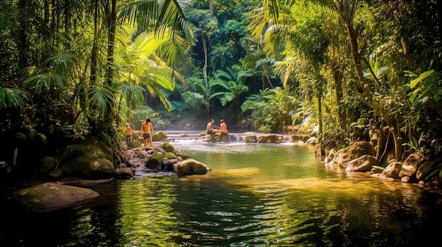 Tropisch paradijs terwijl mensen genieten van een verfrissende duik in een natuurlijk zwembad omringd door de levendige schoonheid van de natuur gegenereerd door AI