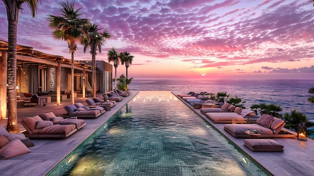 Foto tropisch paradijsresort met infinitypool prachtig uitzicht op de zee bij zonsondergang luxe vakantie in een moderne villa