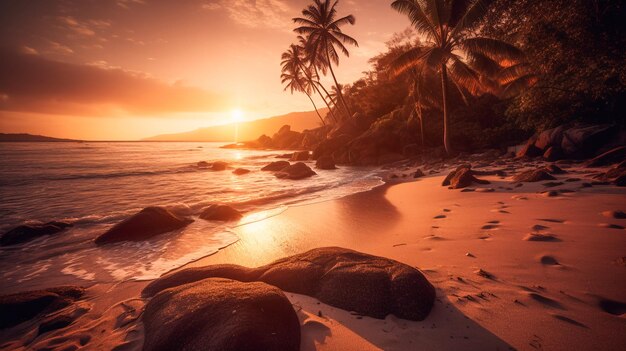 Tropisch paradijsstrand met palmbomen bij zonsondergang