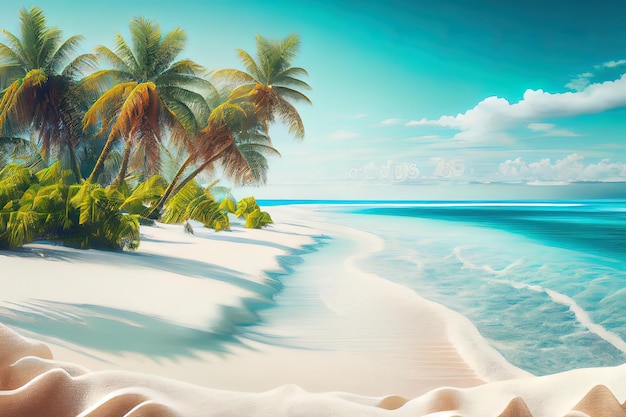Tropisch paradijsstrand met wit zand en kokospalmen reizen toerisme breed panorama achtergrond Luxe vakantie en vakantie Generatieve Ai banner tropisch strand resort concept