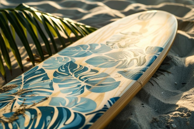 Tropisch patroon op een houten surfplank Generatieve AI