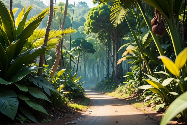 Tropisch regenwoud bos struiken jungle pad behang achtergrond illustratie primitieve bos