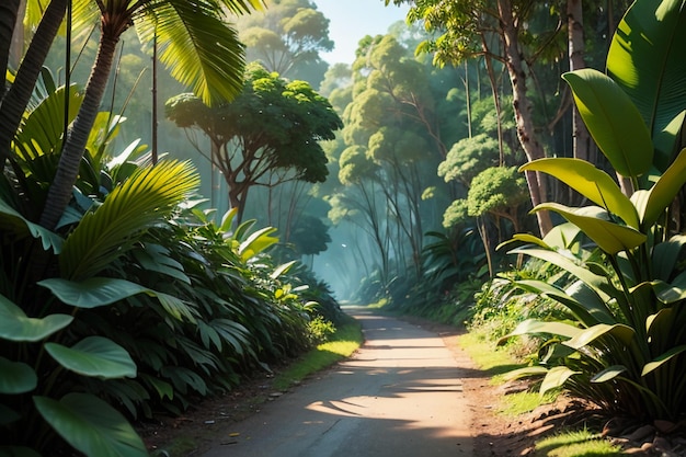 Tropisch regenwoud bos struiken jungle pad behang achtergrond illustratie primitieve bos