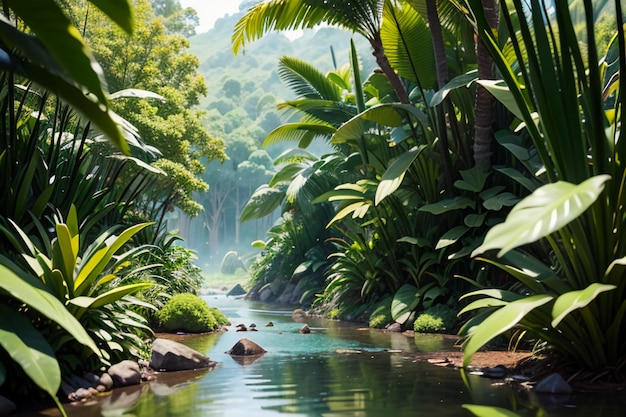 Foto tropisch regenwoud bos struiken jungle pad behang achtergrond illustratie primitieve bos