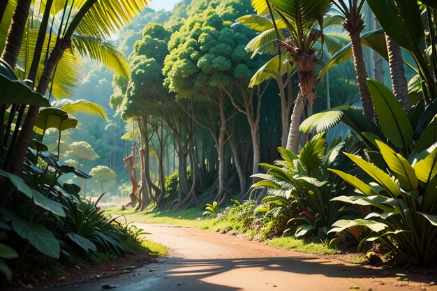 Tropisch regenwoud bos struiken jungle pad behang achtergrond illustratie primitieve bos