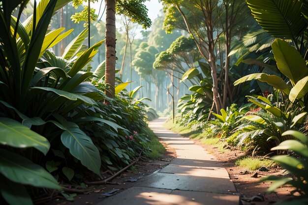 Tropisch regenwoud bos struiken jungle pad behang achtergrond illustratie primitieve bos