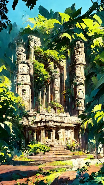 Tropisch regenwoud Maya stijl oude Griekse tempel 3D illustratie