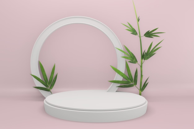 Tropisch roze ontwerp podium minimale geometrische en bamboe japanse decoratie. 3d-rendering