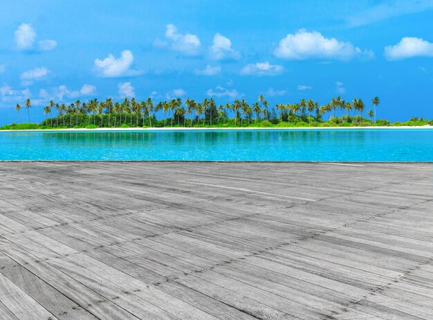 Tropisch strand in de Maldiven met weinig palmen en blauwe lagune