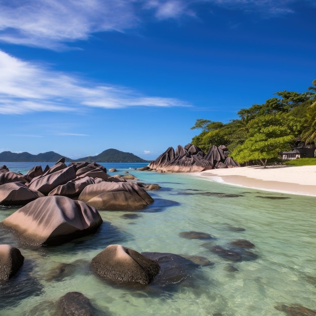 Tropisch strand in Sri Lanka met zonnige palmdag Generatieve ai