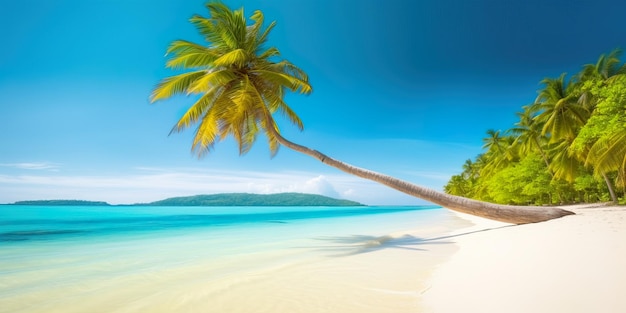 Tropisch strand met bomen en groenblauw water met blauwe luchten