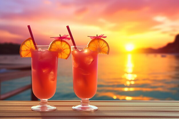 Tropisch strand met cocktails bij zonsondergang