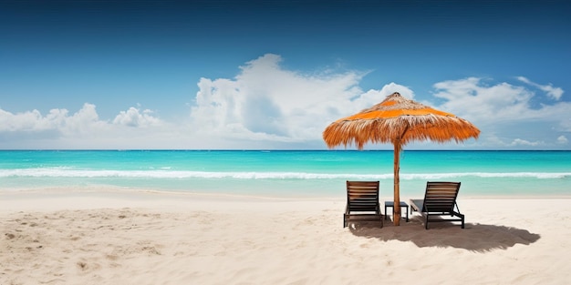 Tropisch strand met hangmat en parasol met heldere lucht