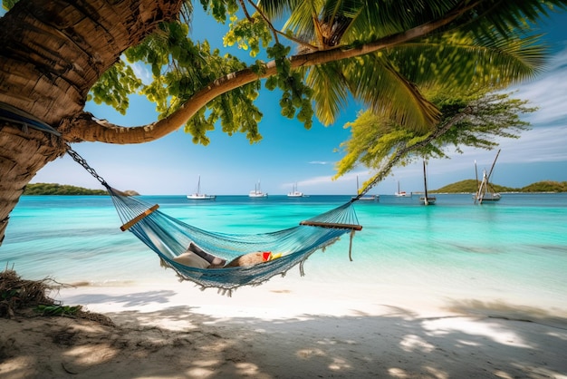 Tropisch strand met hangmatten met heldere lucht