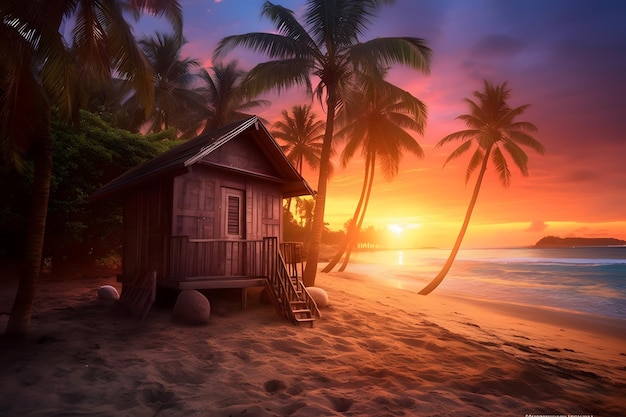 tropisch strand met hut en palmbomen bij zonsondergang