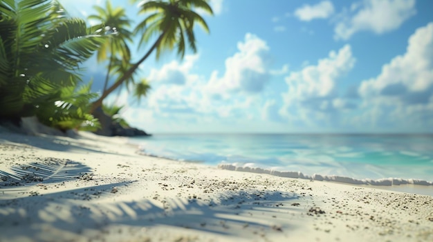 Tropisch strand met palmbladeren, wit zand over wazige wolken