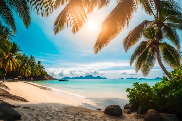 Tropisch strand met palmbomen en de zon die door de wolken schijnt