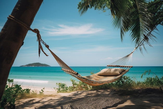 Tropisch strand met palmbomen en een hangmat tussen hen.