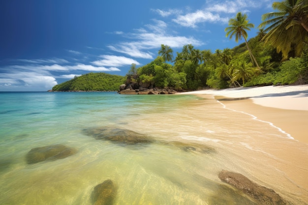Tropisch strand met palmbomen en warm kristalhelder water gecreëerd met generatieve AI