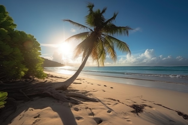 Tropisch strand met palmboom bij zonsopgang Seychellen Een prachtig uitzicht op het tropische strand met een helderblauwe oceaan AI gegenereerd