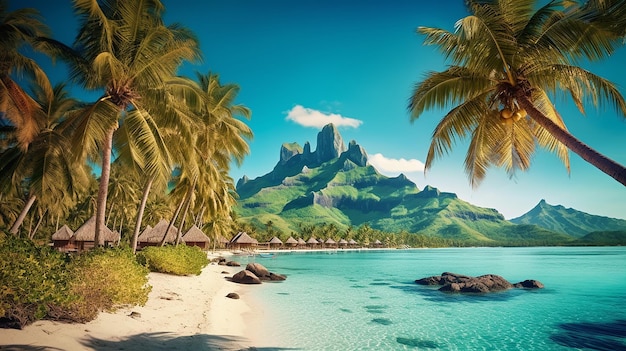 Tropisch strand met palmboom op Bora Bora Generative AI