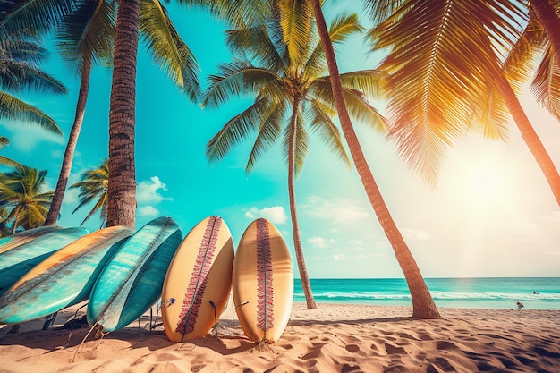 Tropisch strand met Surfboardverhuur
