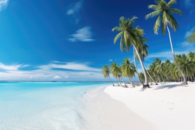 tropisch strand op de Maldiven met weinig palmbomen en wit zand Wit zand en kokospalmen reizen toerisme breed panorama achtergrondconcept AI gegenereerd