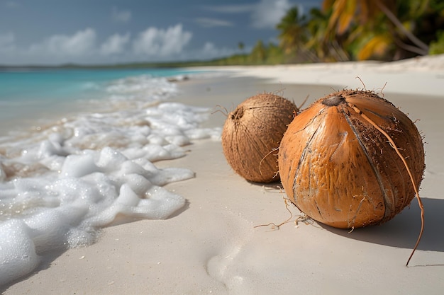 Foto tropisch strandlandschap met verse kokosnoten op de zanderige kust perfect voor zomervakantie natuurreis en strand ontsnapping ontwerpen