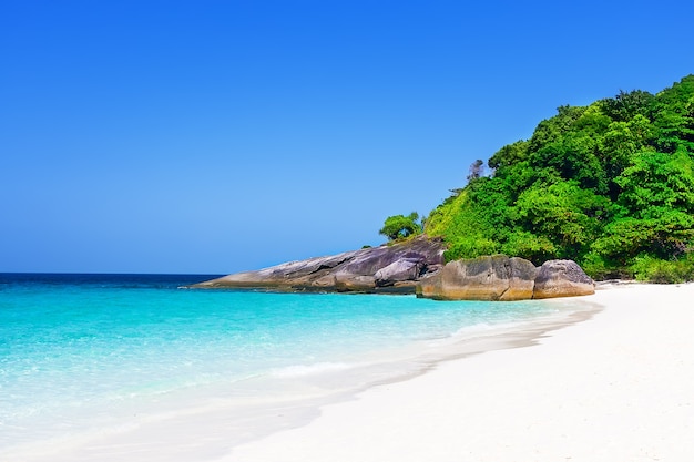Tropisch wit zandstrand arainst blauwe hemel. Similan-eilanden, Thailand, Phuket.