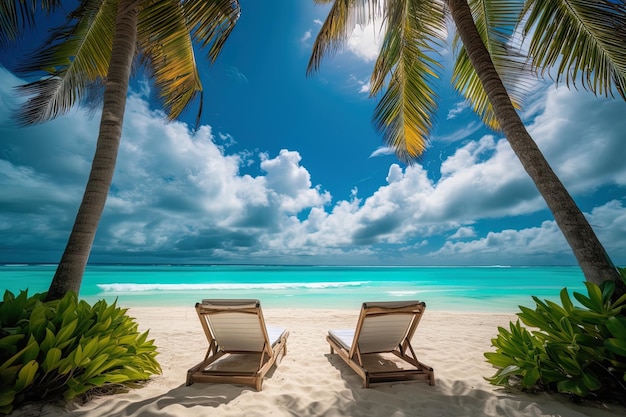 Foto tropisch wit zandstrand met twee ligstoelen, palmbomen en blauw water