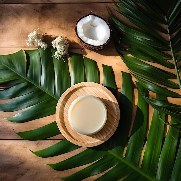 Tropische achtergrond met een kopje kokosmelk naast bladgroenten