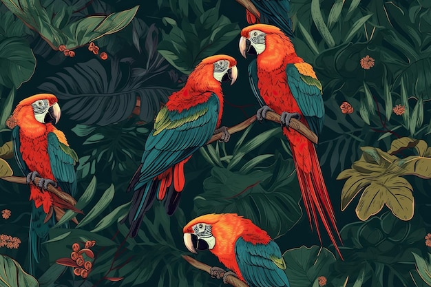 Tropische achtergrond met naadloos patroon met papegaaien in jungle Generatieve AI illustratie