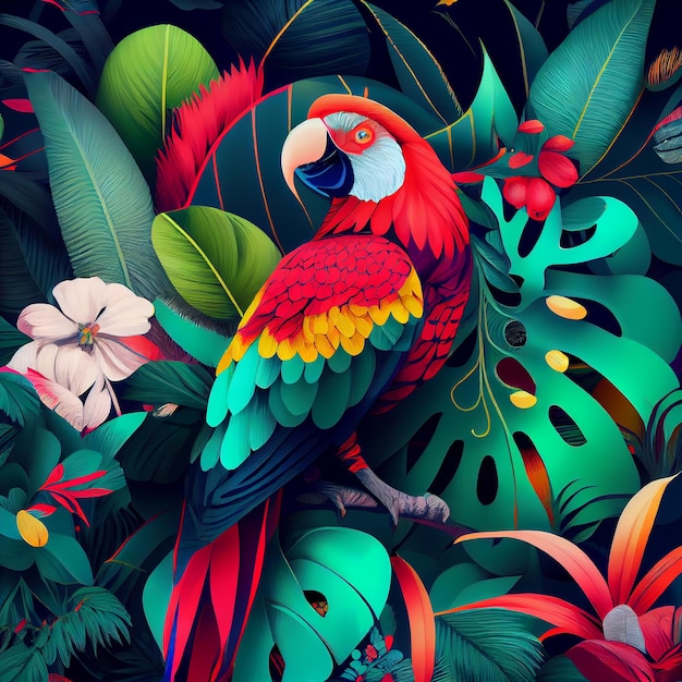 Tropische achtergrond met oerwoudplanten en exotische vogels Generatieve AI