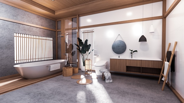 Tropische badkamer japanse stijl 3d-rendering