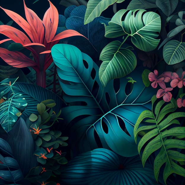 Tropische bladeren achtergrond jungle regenwoud planten wallpaper Generatieve AI