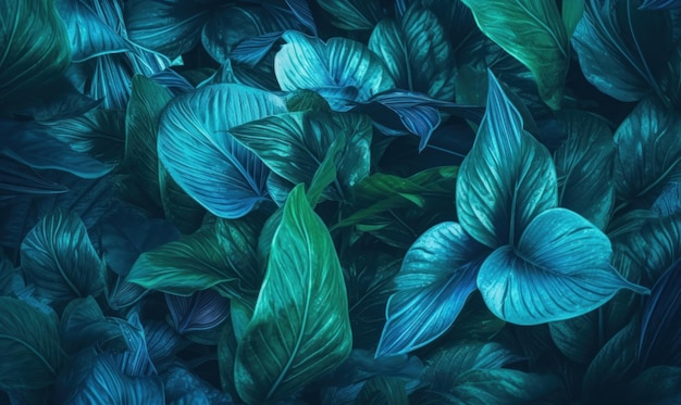 Tropische bladeren behang blauwe planten achtergrond Voor postkaart boek illustratie kaart gecreëerd met generatieve AI-tools