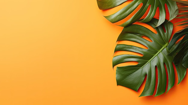 Tropische bladeren Monstera op oranje achtergrond