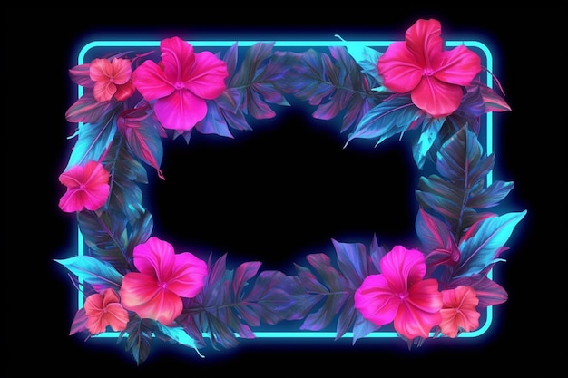 Tropische bloemen neon frame sjabloon in een neon bladeren met blauwe en roze bladeren achtergrond