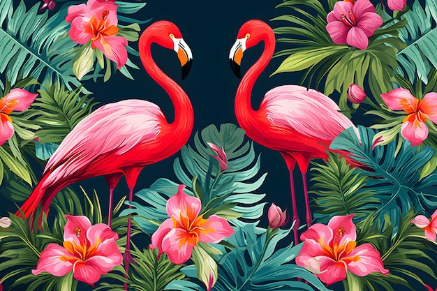 Tropische bloemen planten bladeren en flamingo's Vector illustratie van exotisch patroon Hawaiiaans