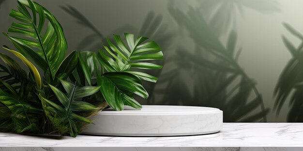 Tropische boombladeren verbeteren het witte marmeren podium voor de presentatie van producten