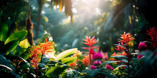 Foto tropische bossen verweven met kleurrijke bloemen en planten